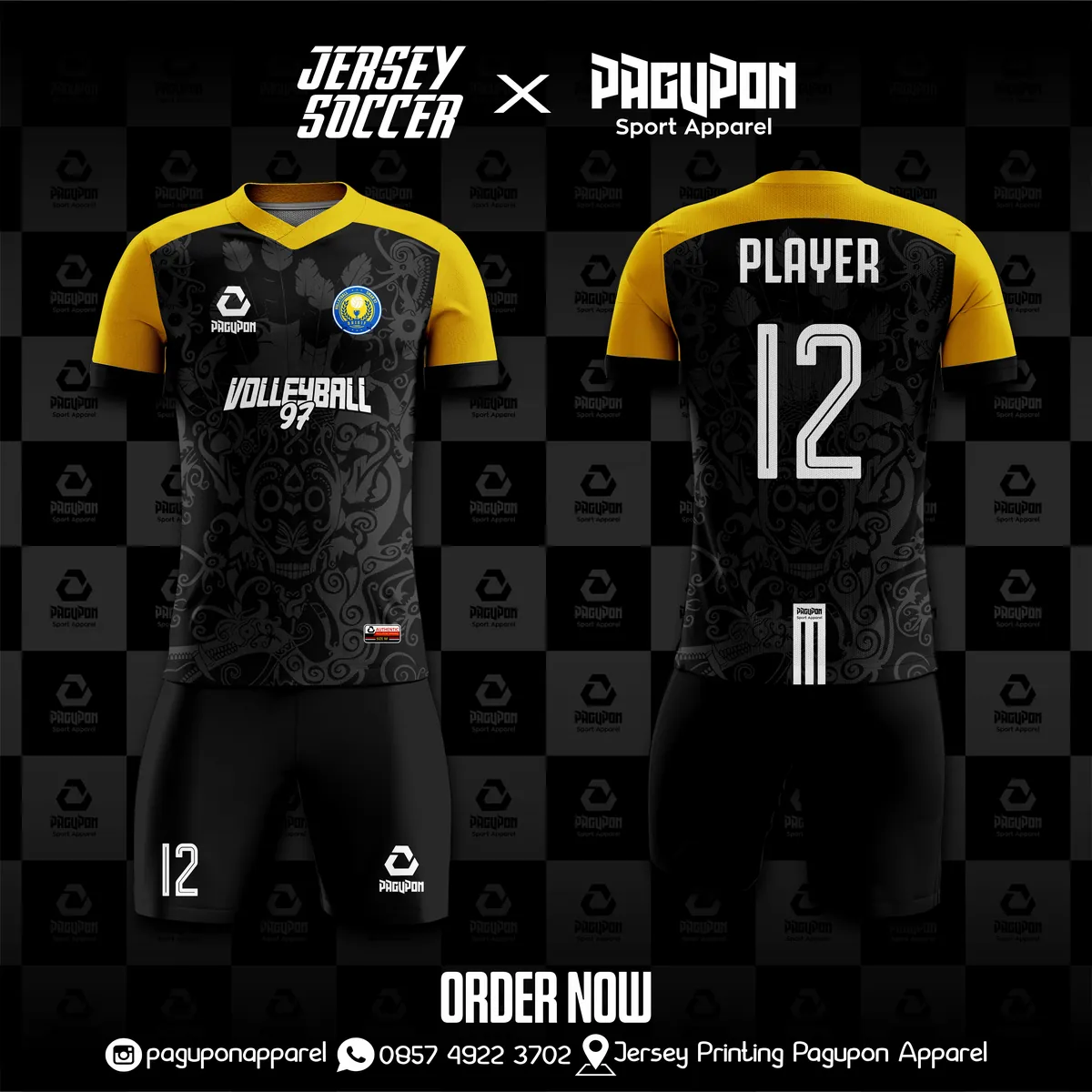 Jersey badminton dan voli custom Volleyball 97 Hitam, warna hitam merah, kerah V-Neck, tampak depan dan belakang, varian 2