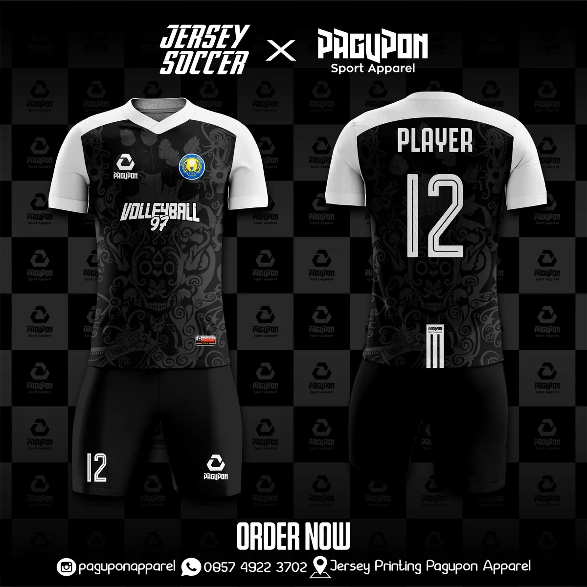 Jersey badminton dan voli custom Volleyball 97 Hitam, warna hitam merah, kerah V-Neck, tampak depan dan belakang, varian 3