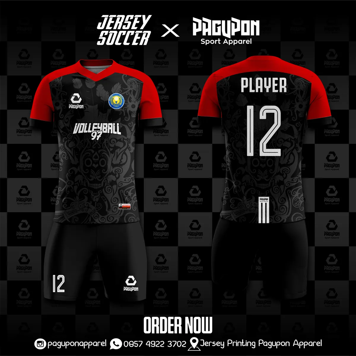 Jersey badminton dan voli custom Volleyball 97 Hitam, warna hitam merah, kerah V-Neck, tampak depan dan belakang