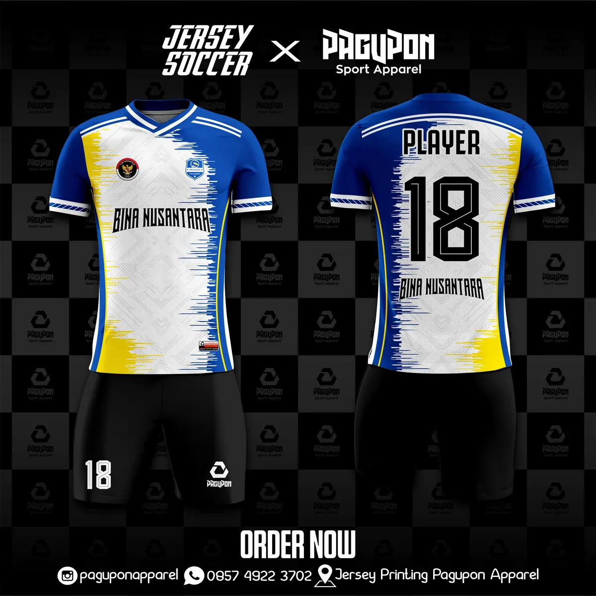 Jersey badminton dan voli custom Bina Nusantara Kuning, warna kuning biru putih, kerah V-Neck, tampak depan dan belakang, varian 2