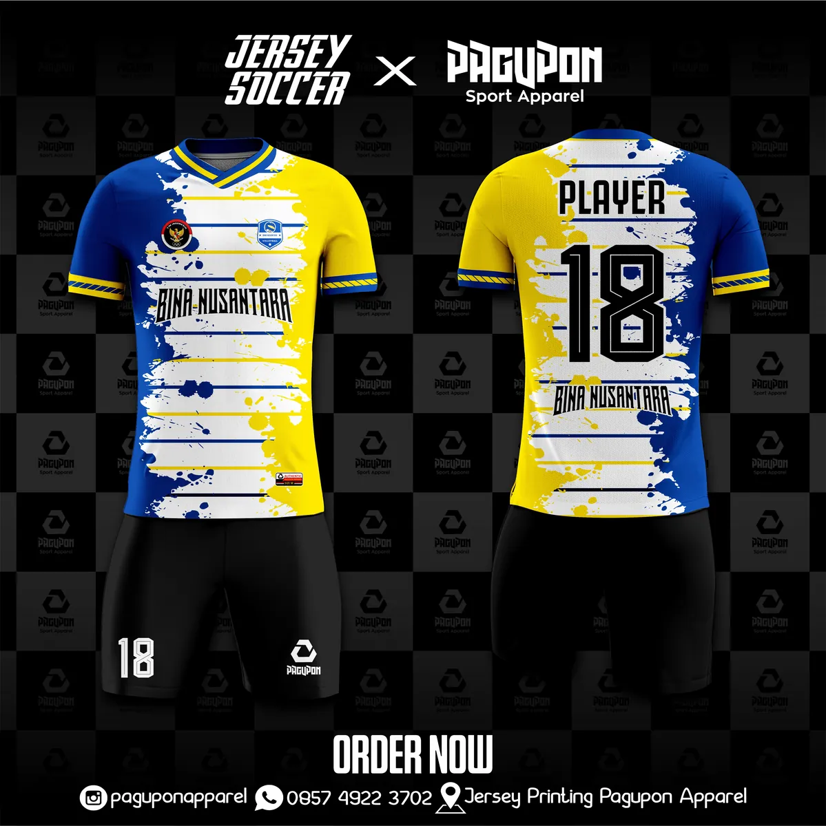 Jersey badminton dan voli custom Bina Nusantara Kuning, warna kuning biru putih, kerah V-Neck, tampak depan dan belakang