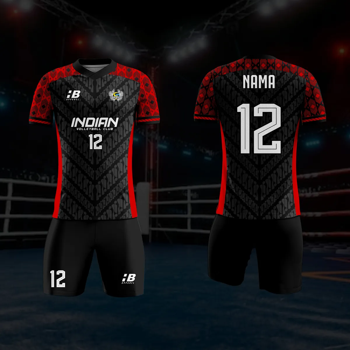 Jersey badminton dan voli custom Indian Volleyball Hitam, warna hitam merah, kerah V-Neck, tampak depan dan belakang