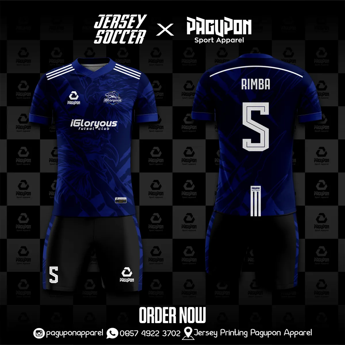 Jersey futsal custom iGloryous Abu-abu, warna abu-abu biru, kerah V-Neck, tampak depan dan belakang, varian 2