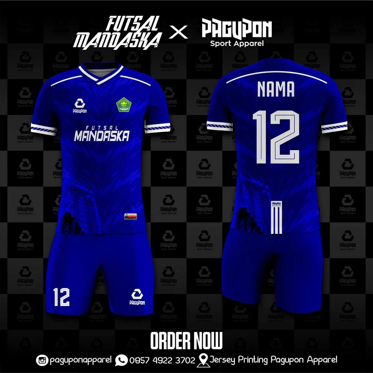 Jersey futsal custom Futsal Mandaska Abu-abu, warna abu-abu putih, kerah V-Neck, tampak depan dan belakang, varian 2
