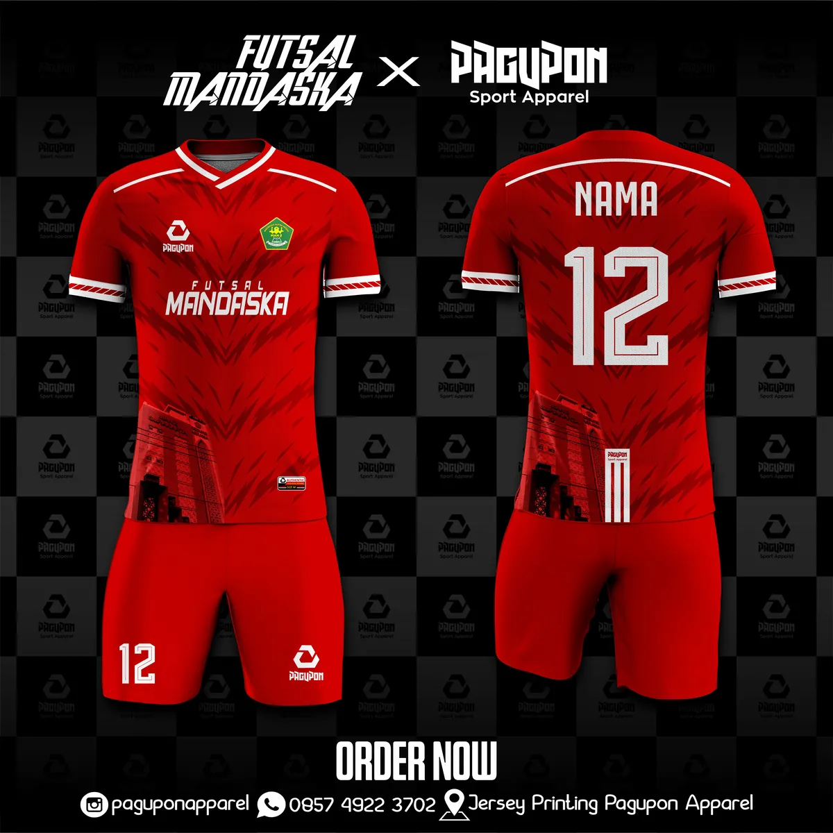 Jersey futsal custom Futsal Mandaska Abu-abu, warna abu-abu putih, kerah V-Neck, tampak depan dan belakang, varian 3