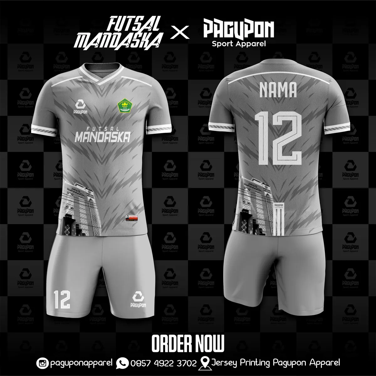 Jersey futsal custom Futsal Mandaska Abu-abu, warna abu-abu putih, kerah V-Neck, tampak depan dan belakang