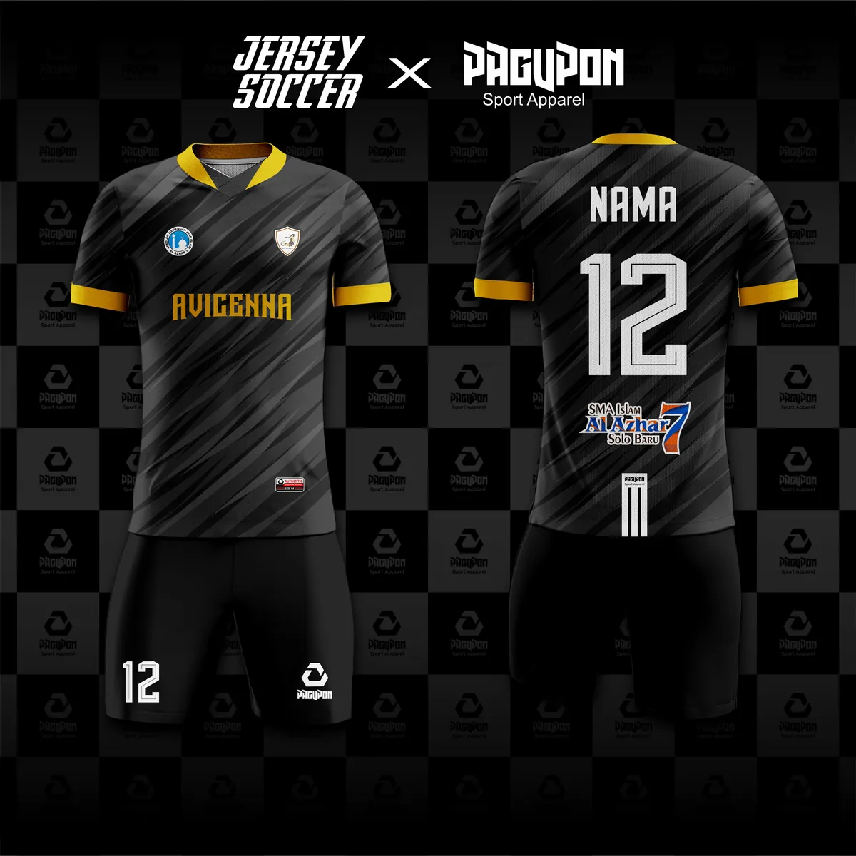 Jersey futsal custom Avicenna Hitam, warna hitam emas, kerah V-Neck, tampak depan dan belakang, varian 2