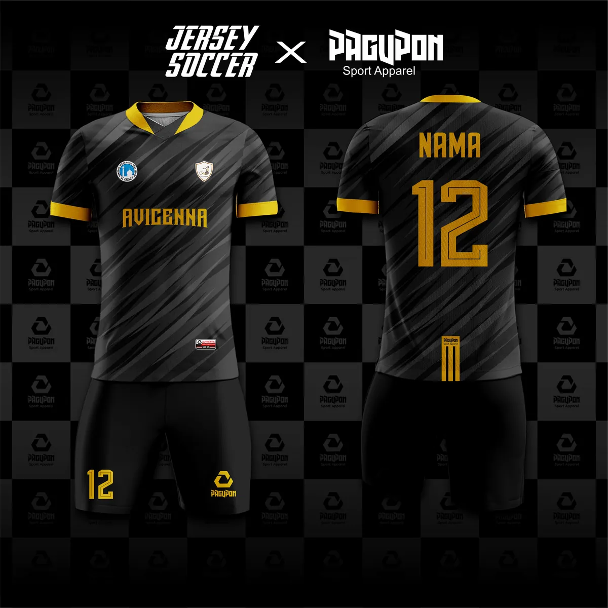 Jersey futsal custom Avicenna Hitam, warna hitam emas, kerah V-Neck, tampak depan dan belakang