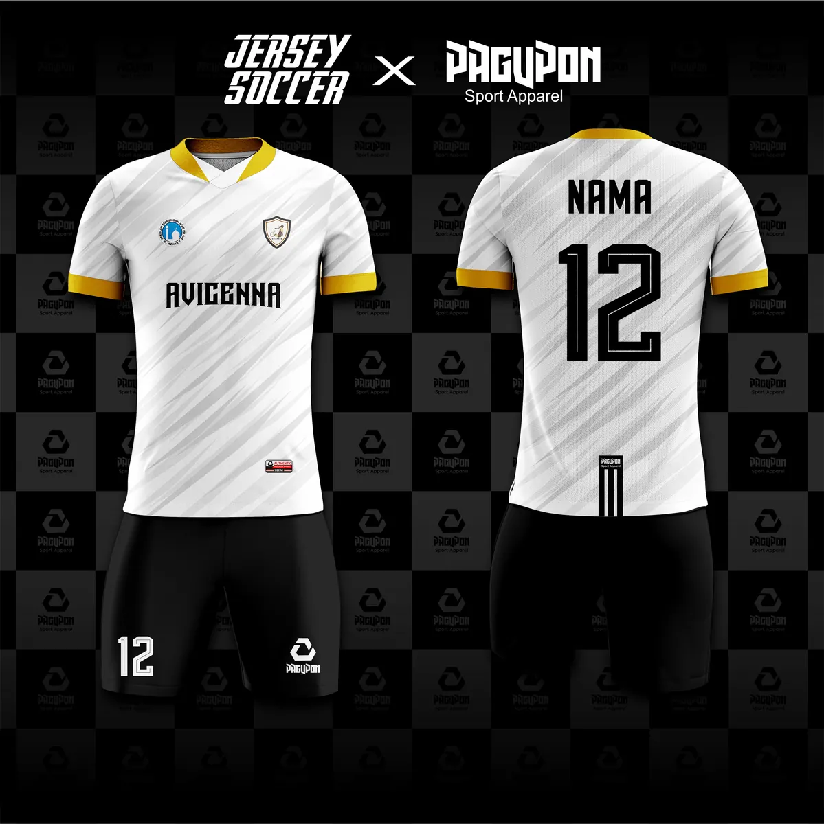 Jersey futsal custom Avicenna Putih, warna putih emas, kerah V-Neck, tampak depan dan belakang