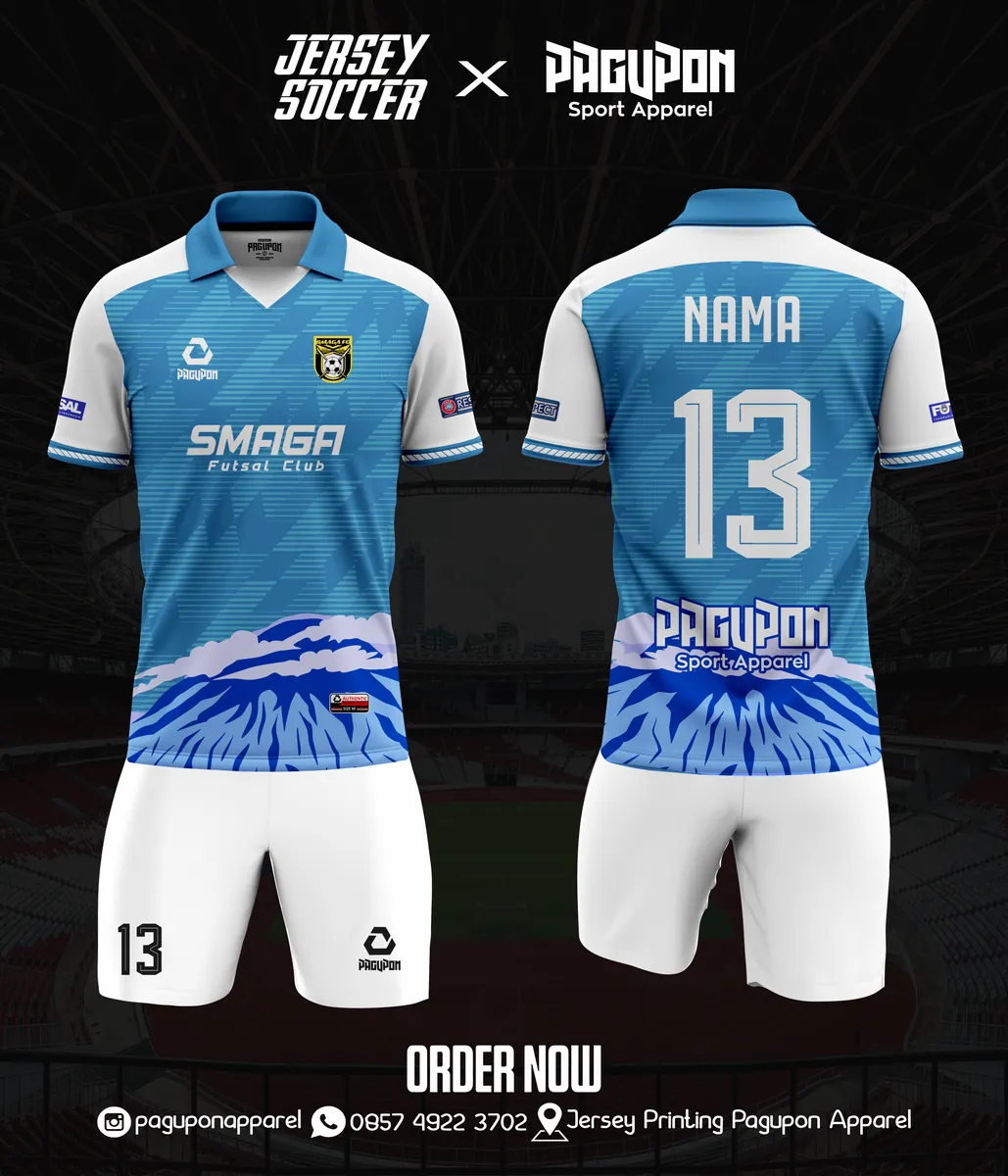 Jersey futsal custom Smaga Futsal Club Pink, warna pink putih, kerah Polo, tampak depan dan belakang, varian 2