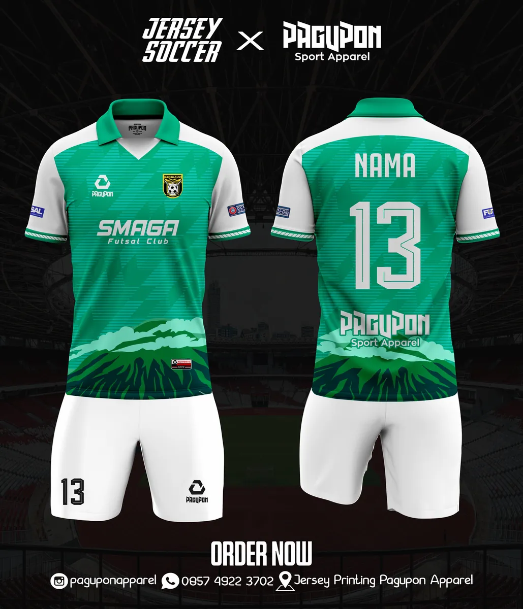 Jersey futsal custom Smaga Futsal Club Pink, warna pink putih, kerah Polo, tampak depan dan belakang, varian 3