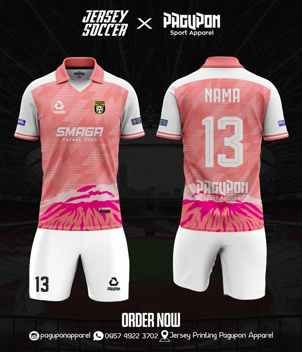 Jersey futsal custom Smaga Futsal Club Pink, warna pink putih, kerah Polo, tampak depan dan belakang