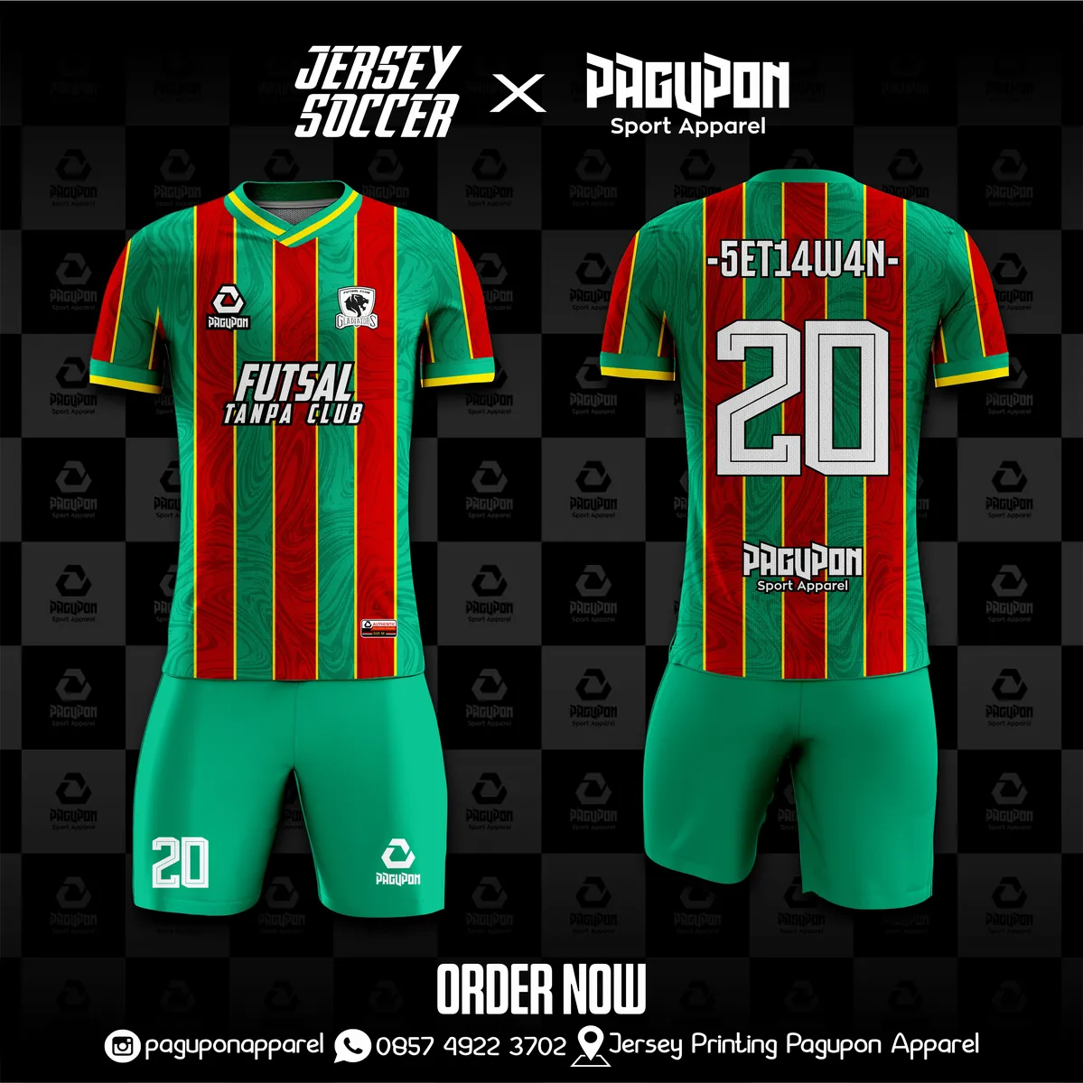 Jersey futsal custom Futsal Tanpa Club Hijau, warna hijau merah, kerah V-Neck, tampak depan dan belakang