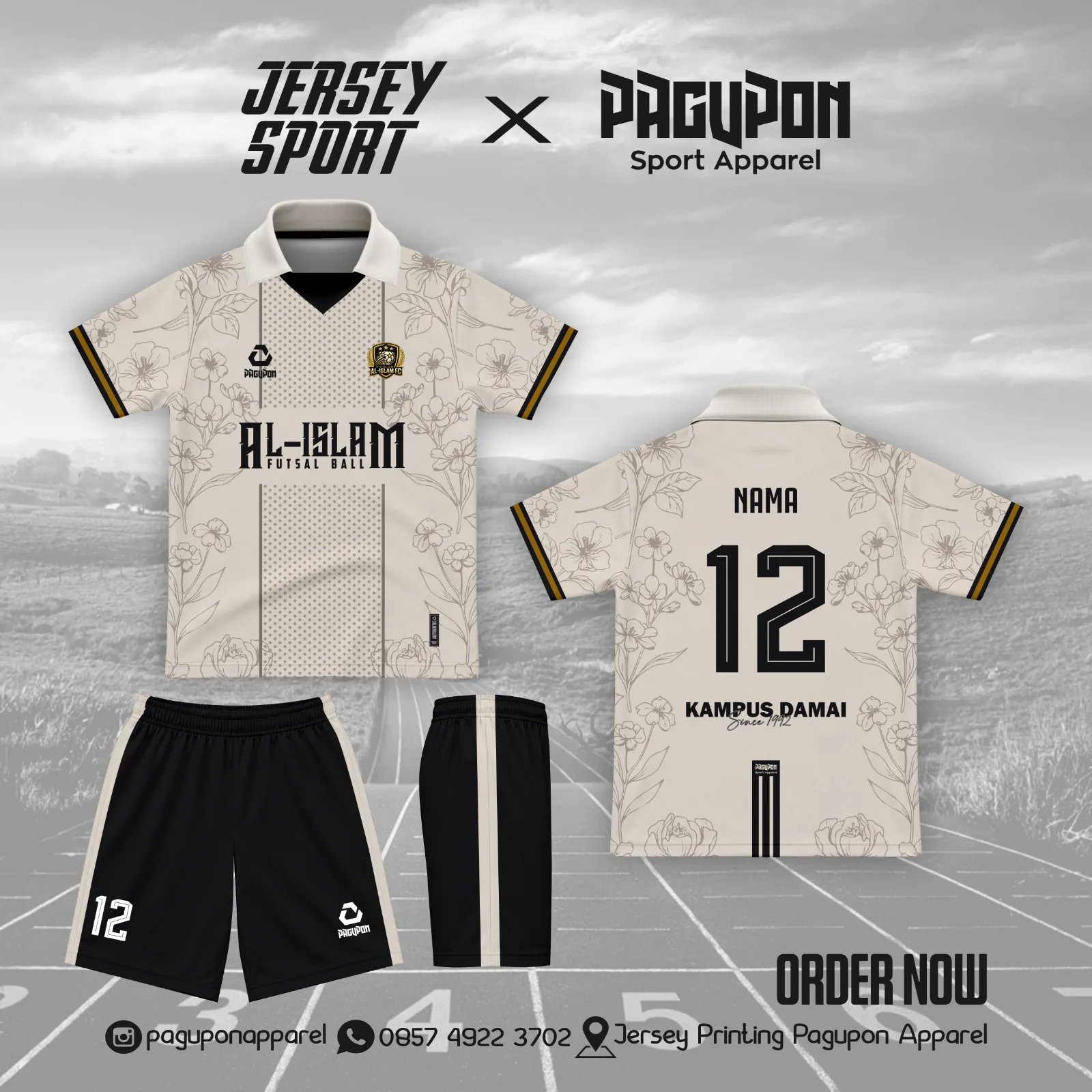 Jersey futsal custom Jersey Futsal Al-Islam Nganjuk, warna krem putih hitam, kerah Kerah Custom, tampak depan dan belakang