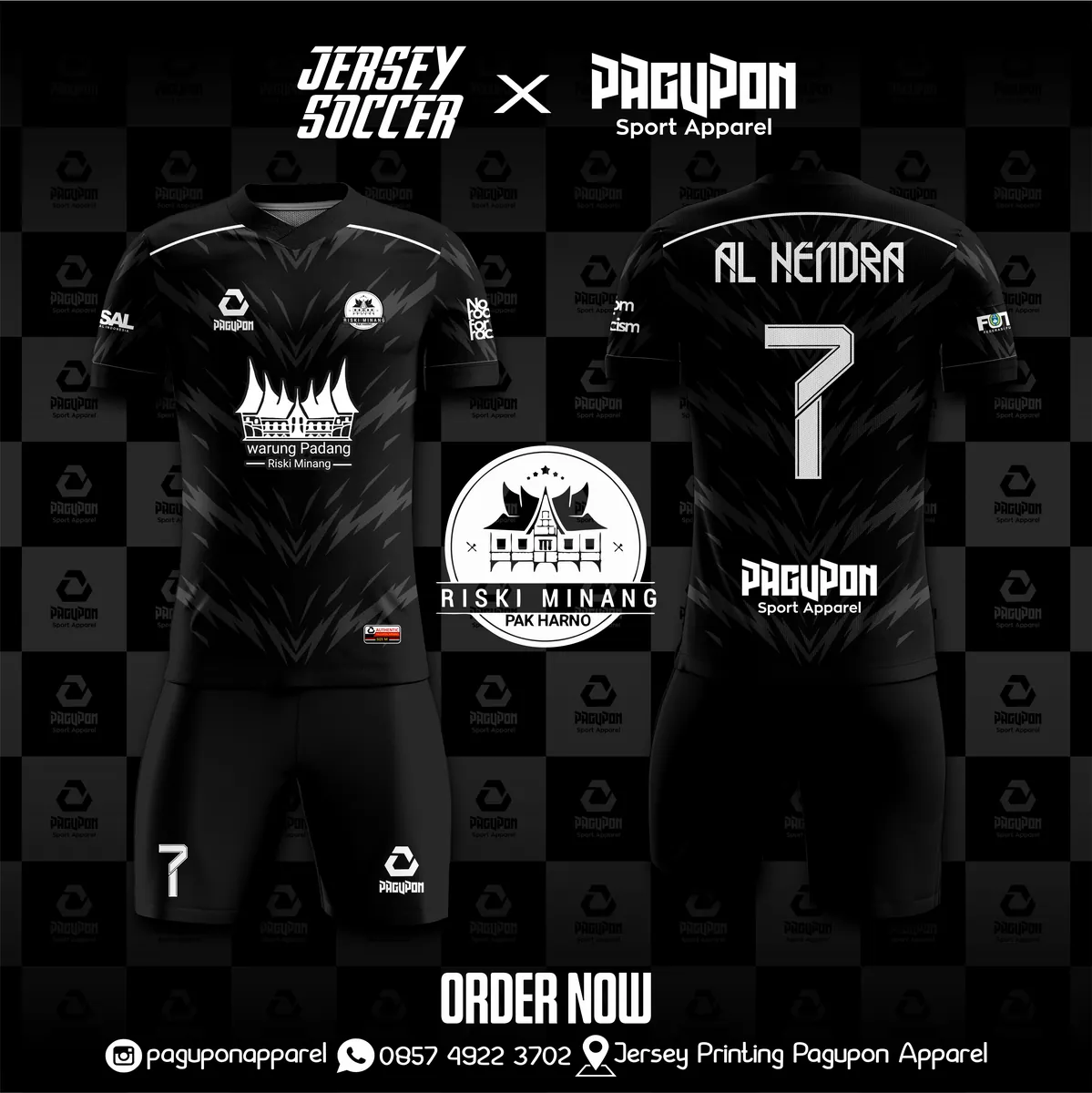 Jersey komunitas dan kantor custom Warung Padang Riski Minang Hitam, warna hitam putih, kerah V-Neck, tampak depan dan belakang