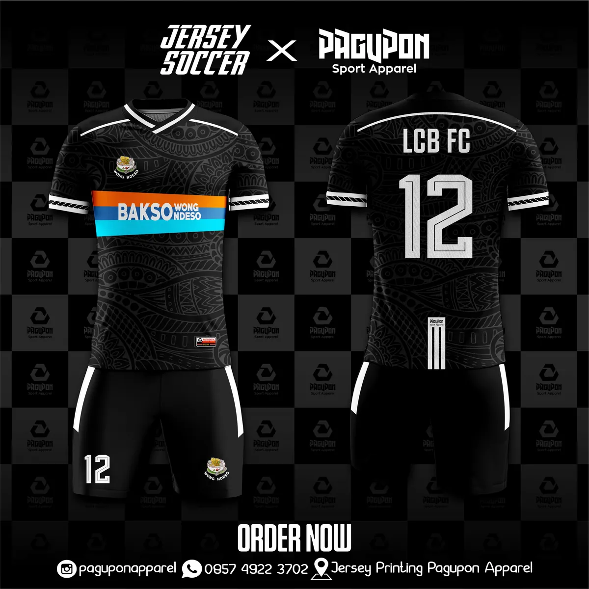 Jersey komunitas dan kantor custom Bakso Wong Ndeso Putih, warna putih hitam, kerah V-Neck, tampak depan dan belakang, varian 2