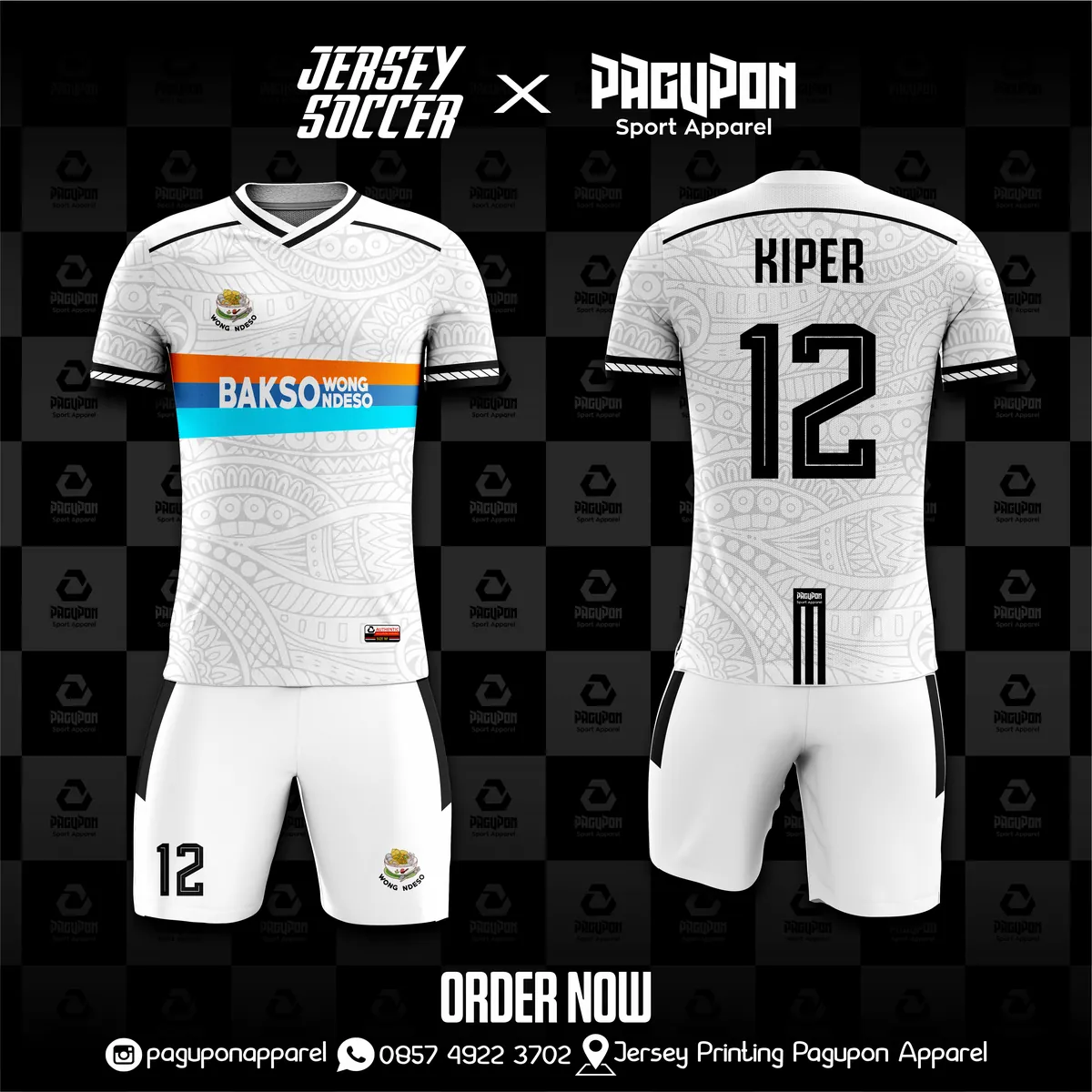 Jersey komunitas dan kantor custom Bakso Wong Ndeso Putih, warna putih hitam, kerah V-Neck, tampak depan dan belakang