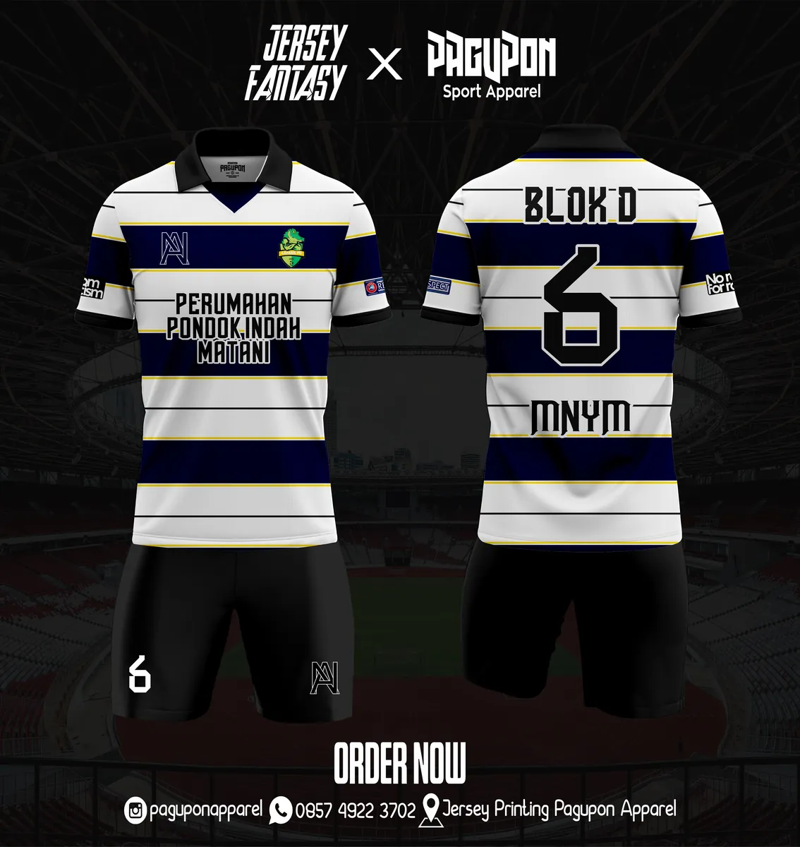 Jersey komunitas dan kantor custom Perumahan Pondok Indah Matani Putih, warna putih navy, kerah Polo, tampak depan dan belakang