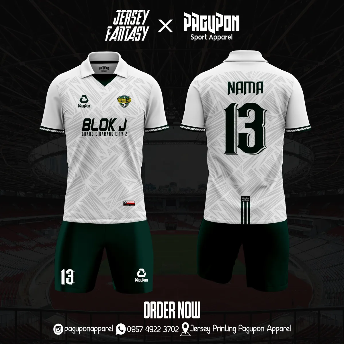 Jersey komunitas dan kantor custom Blok J Grand Cikarang City Putih, warna putih hijau, kerah Polo, tampak depan dan belakang