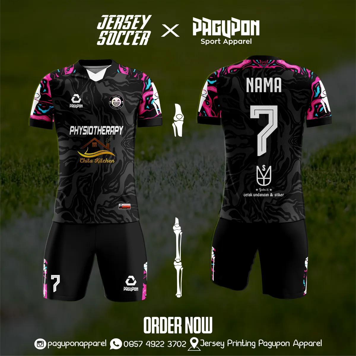 Jersey komunitas dan kantor custom Physiotherapy Putih, warna putih pink, kerah O-Neck, tampak depan dan belakang, varian 2