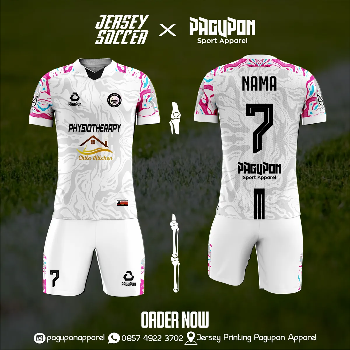 Jersey komunitas dan kantor custom Physiotherapy Putih, warna putih pink, kerah O-Neck, tampak depan dan belakang