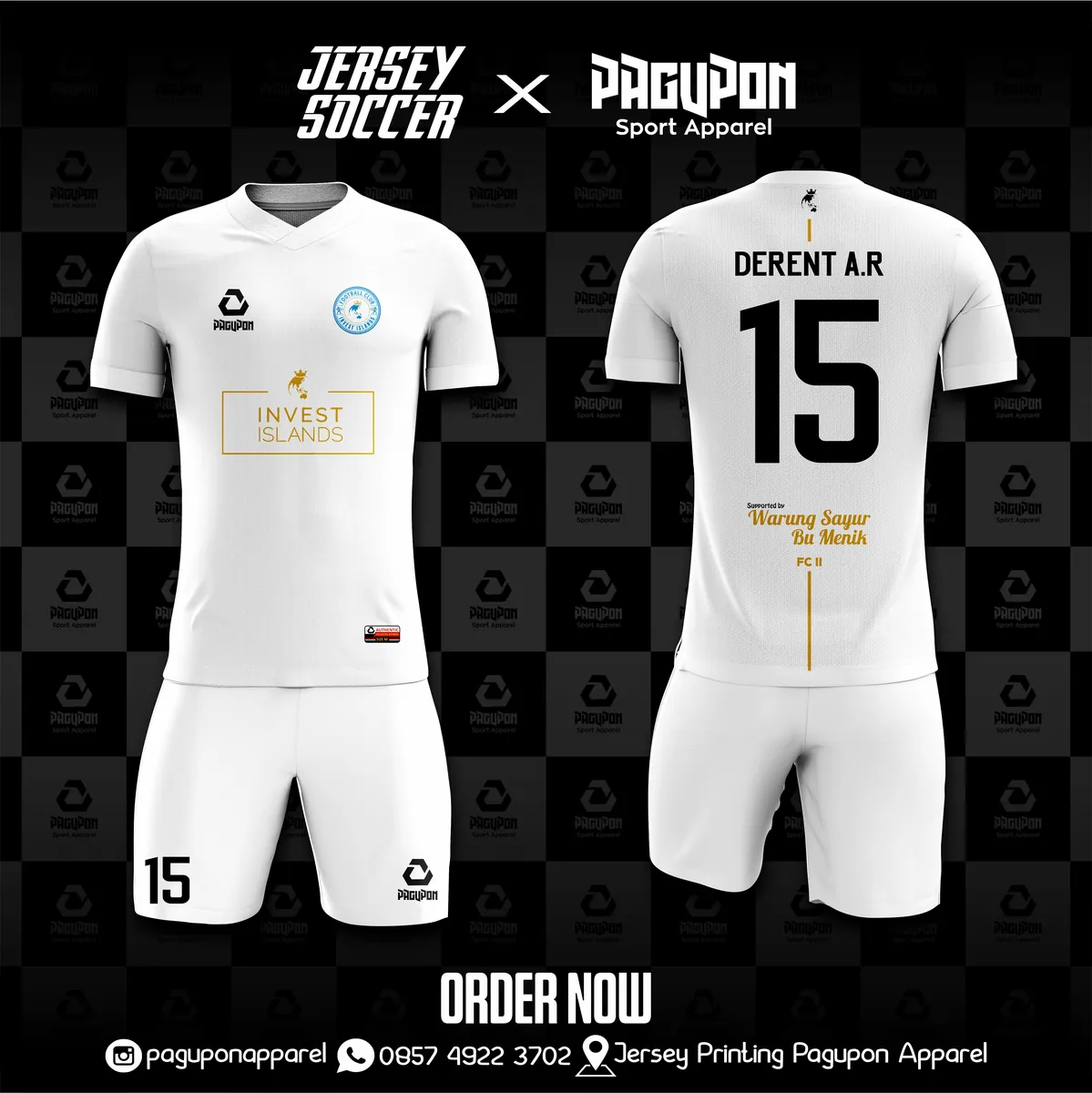 Jersey komunitas dan kantor custom Invest Islands Putih, warna putih emas, kerah V-Neck, tampak depan dan belakang