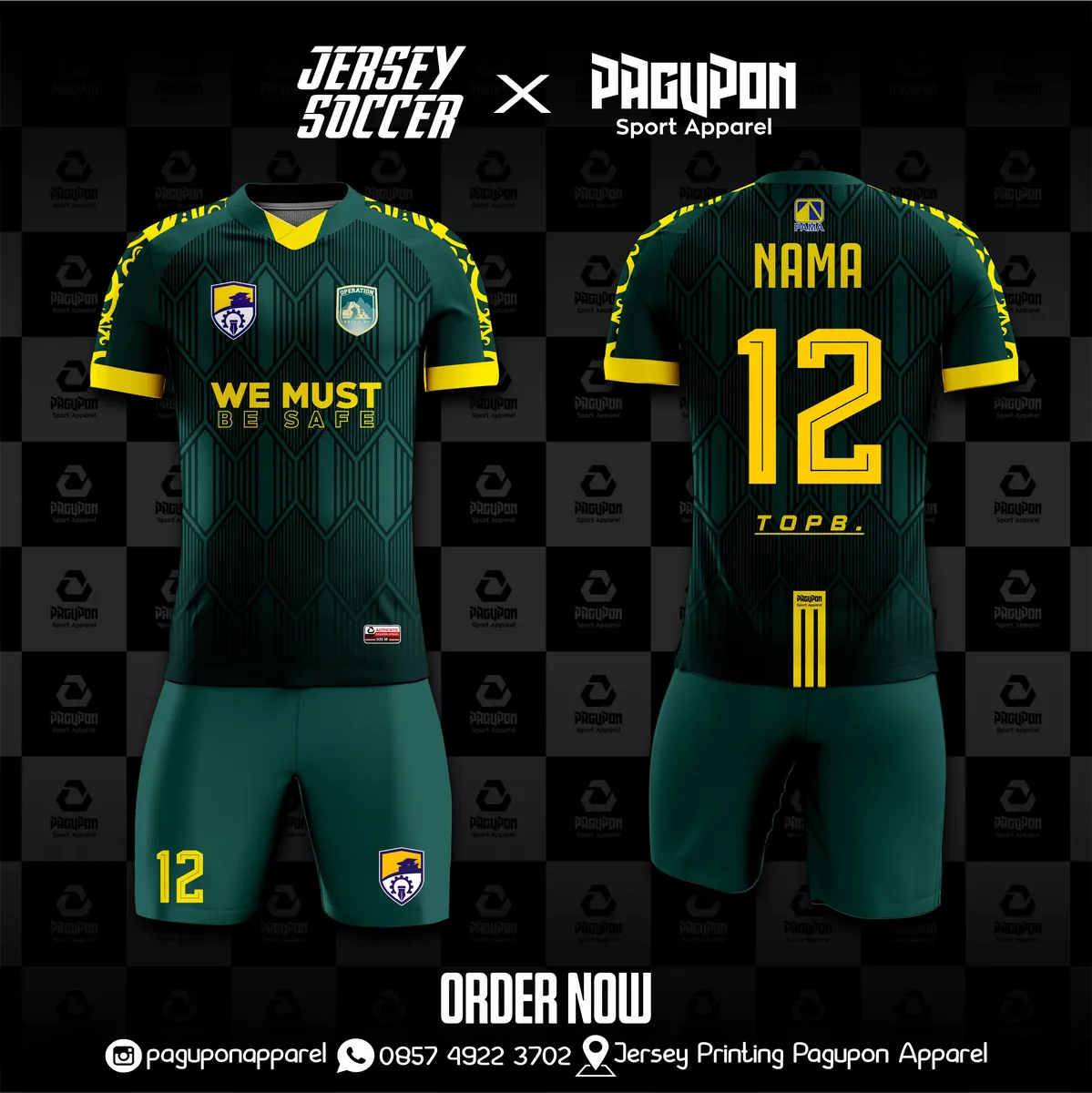 Jersey komunitas dan kantor custom We Must Be Safe Hijau, warna hijau kuning, kerah V-Neck, tampak depan dan belakang