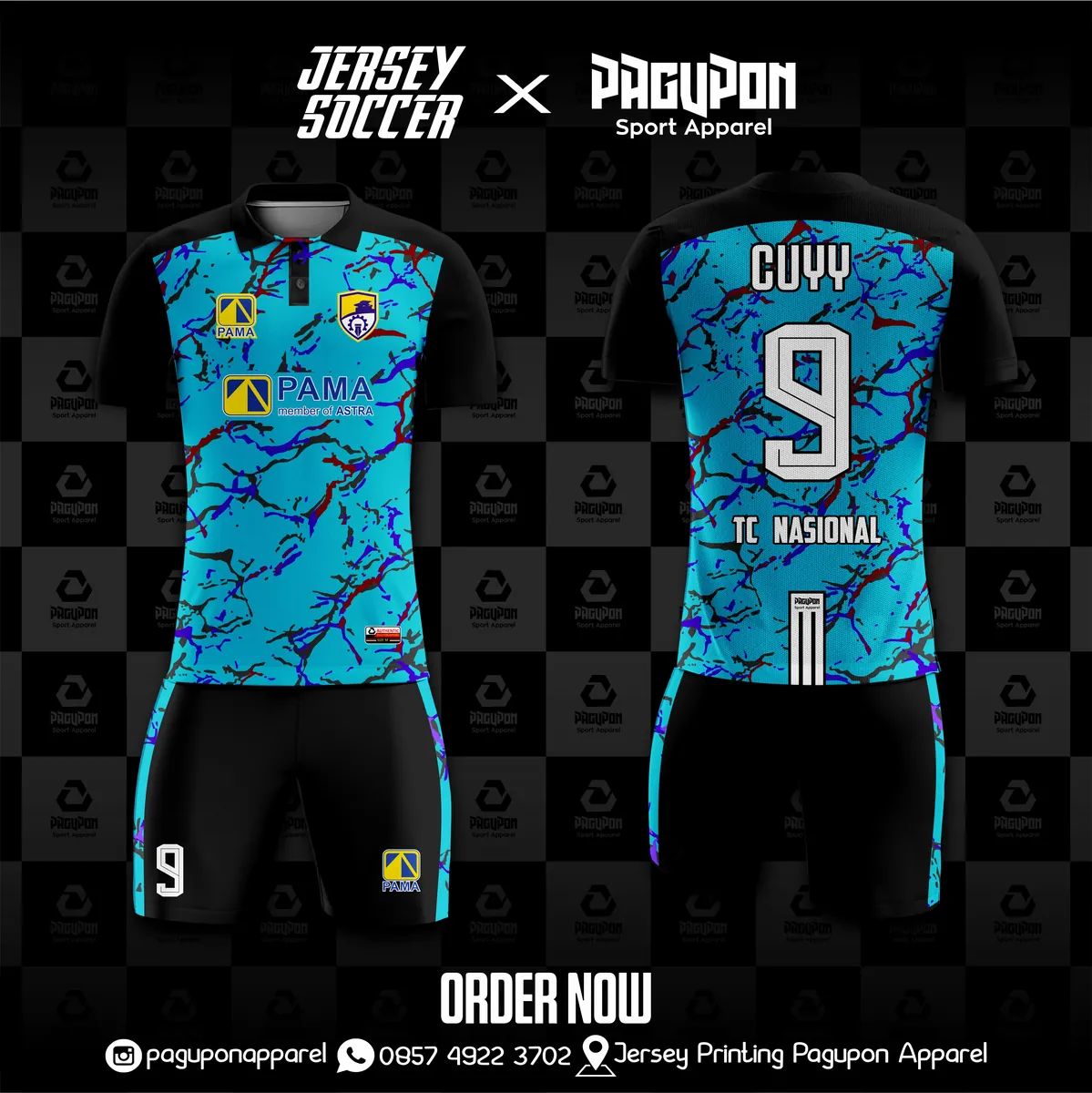 Jersey komunitas dan kantor custom TC Nasional Biru Muda, warna biru muda hitam, kerah Polo, tampak depan dan belakang