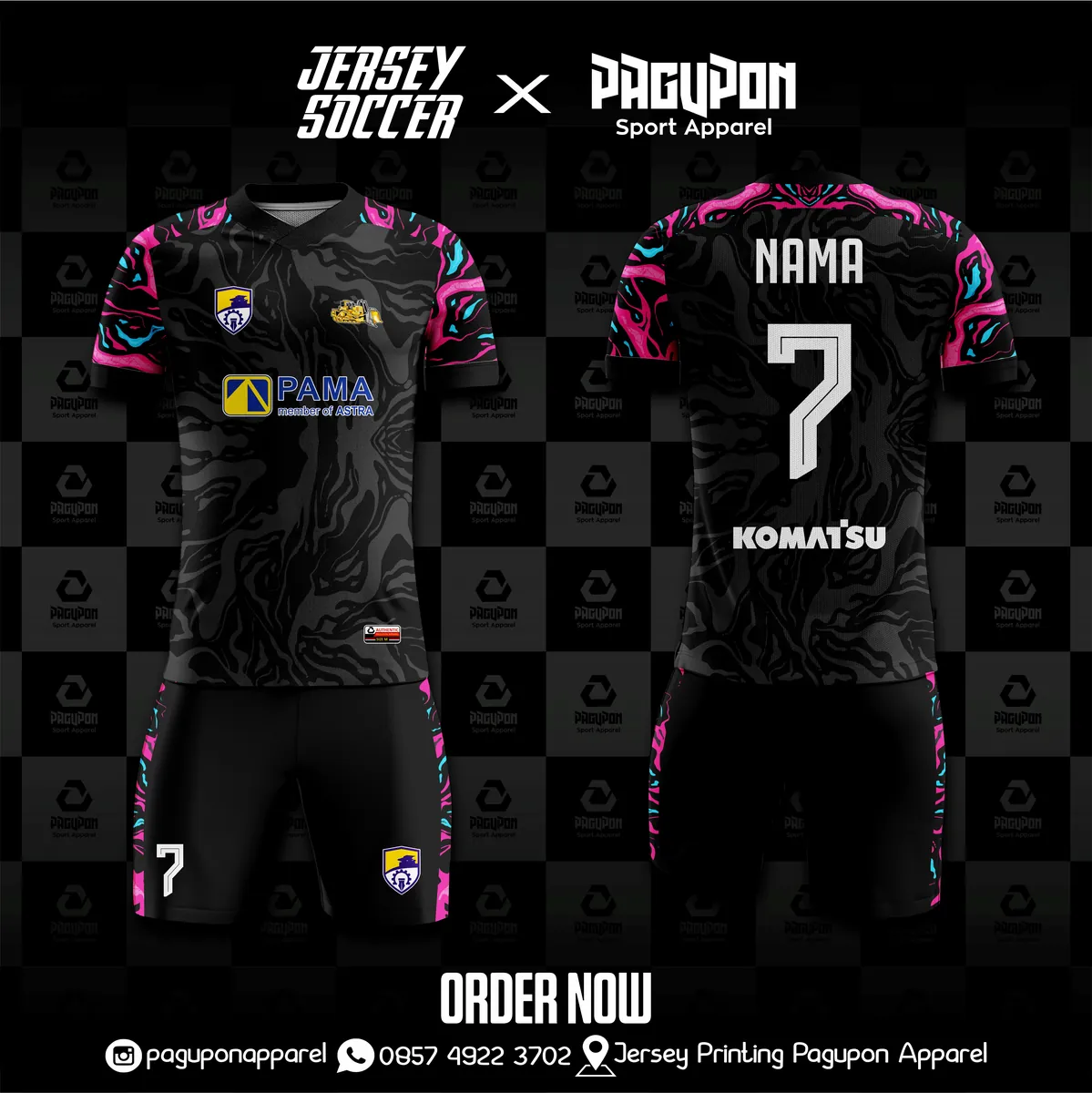 Jersey komunitas dan kantor custom Bulldozer Hitam, warna hitam pink, kerah V-Neck, tampak depan dan belakang