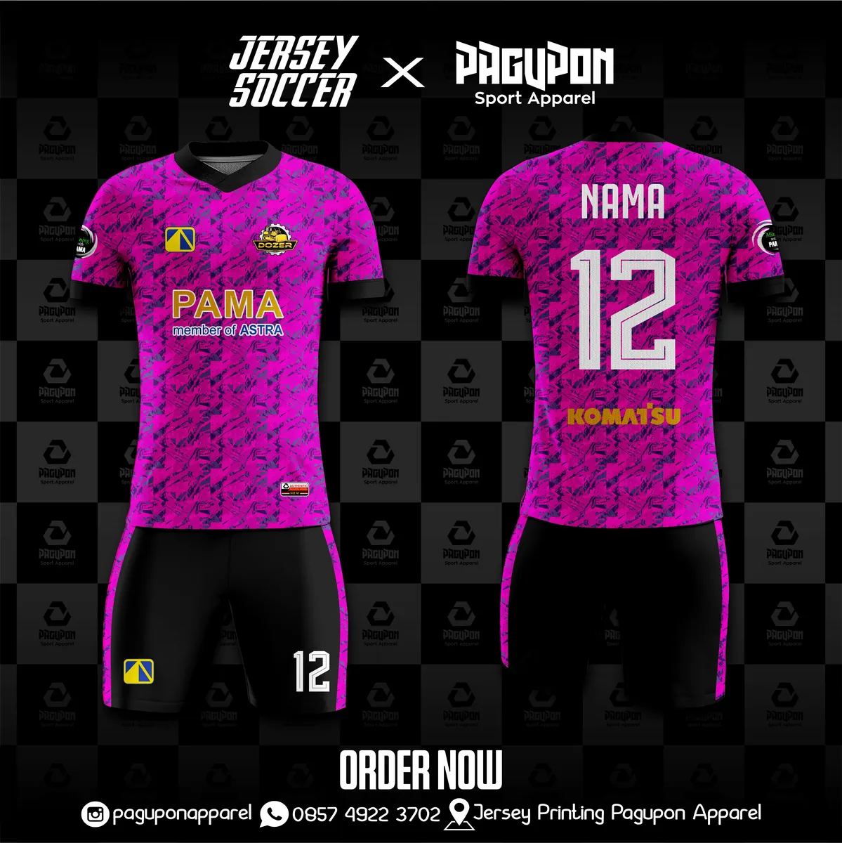 Jersey komunitas dan kantor custom Dozer Pink, warna pink hitam, kerah V-Neck, tampak depan dan belakang