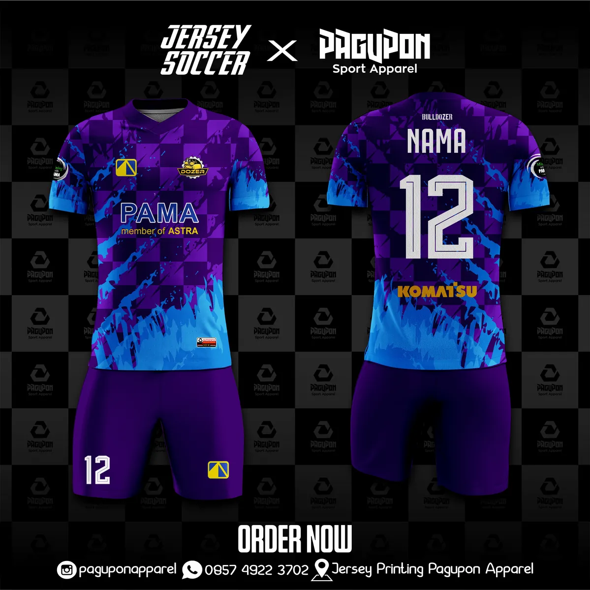 Jersey komunitas dan kantor custom Bulldozer Ungu, warna ungu biru, kerah V-Neck, tampak depan dan belakang