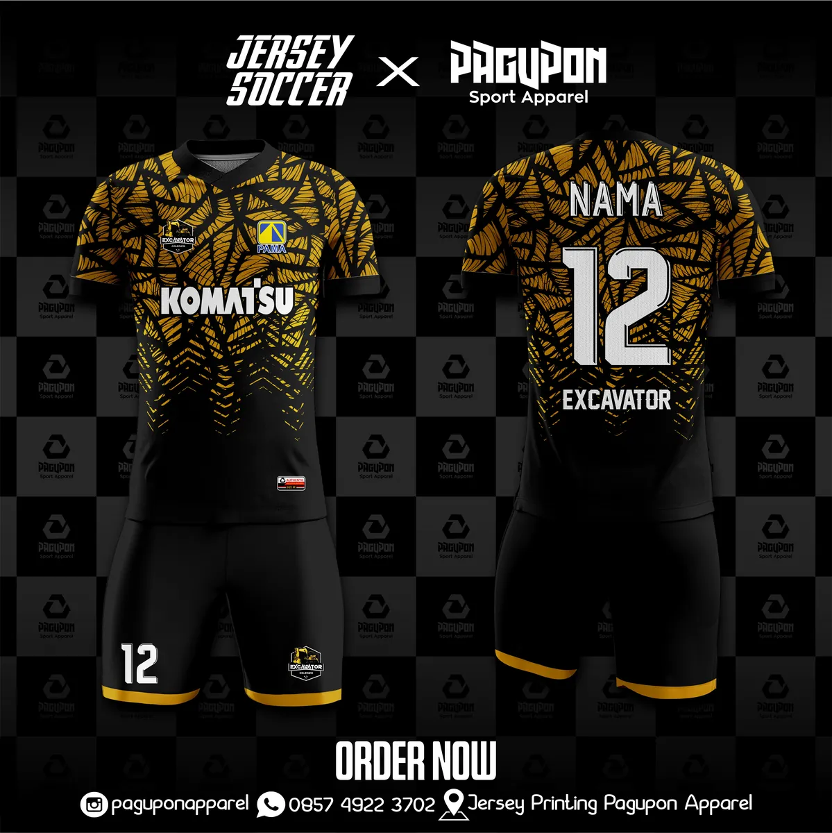 Jersey komunitas dan kantor custom Excavator Hitam, warna hitam emas, kerah V-Neck, tampak depan dan belakang