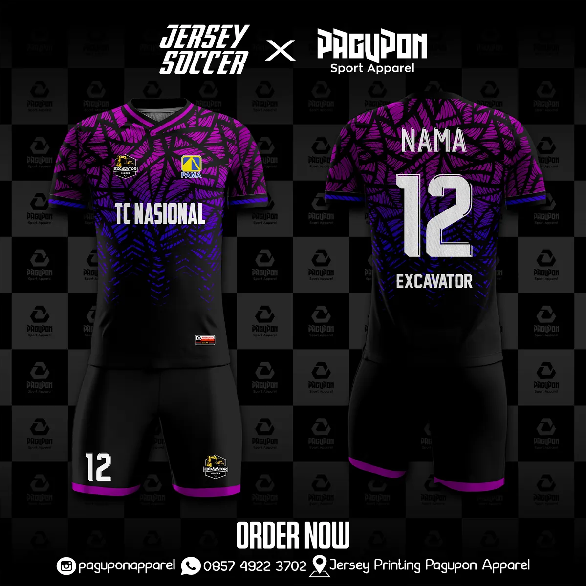 Jersey komunitas dan kantor custom Excavator Ungu, warna ungu hitam biru, kerah V-Neck, tampak depan dan belakang, varian 2
