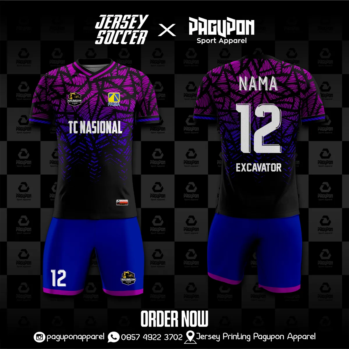 Jersey komunitas dan kantor custom Excavator Ungu, warna ungu hitam biru, kerah V-Neck, tampak depan dan belakang