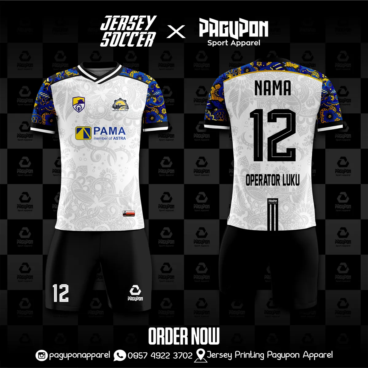Jersey komunitas dan kantor custom Grader Hitam, warna hitam ungu pink, kerah V-Neck, tampak depan dan belakang, varian 2