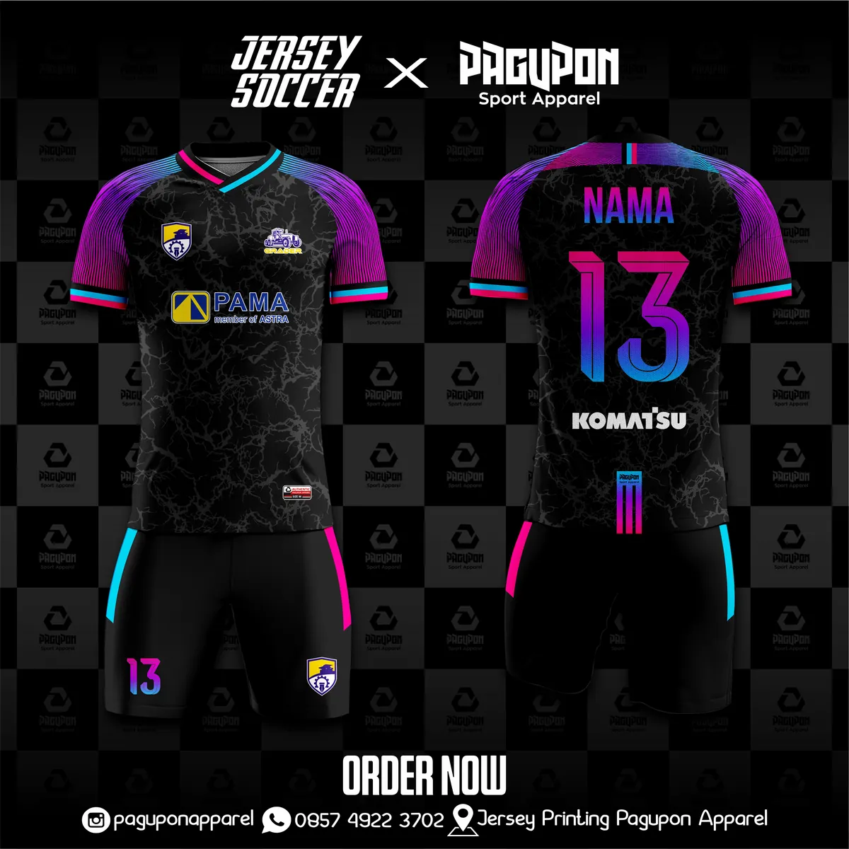 Jersey komunitas dan kantor custom Grader Hitam, warna hitam ungu pink, kerah V-Neck, tampak depan dan belakang