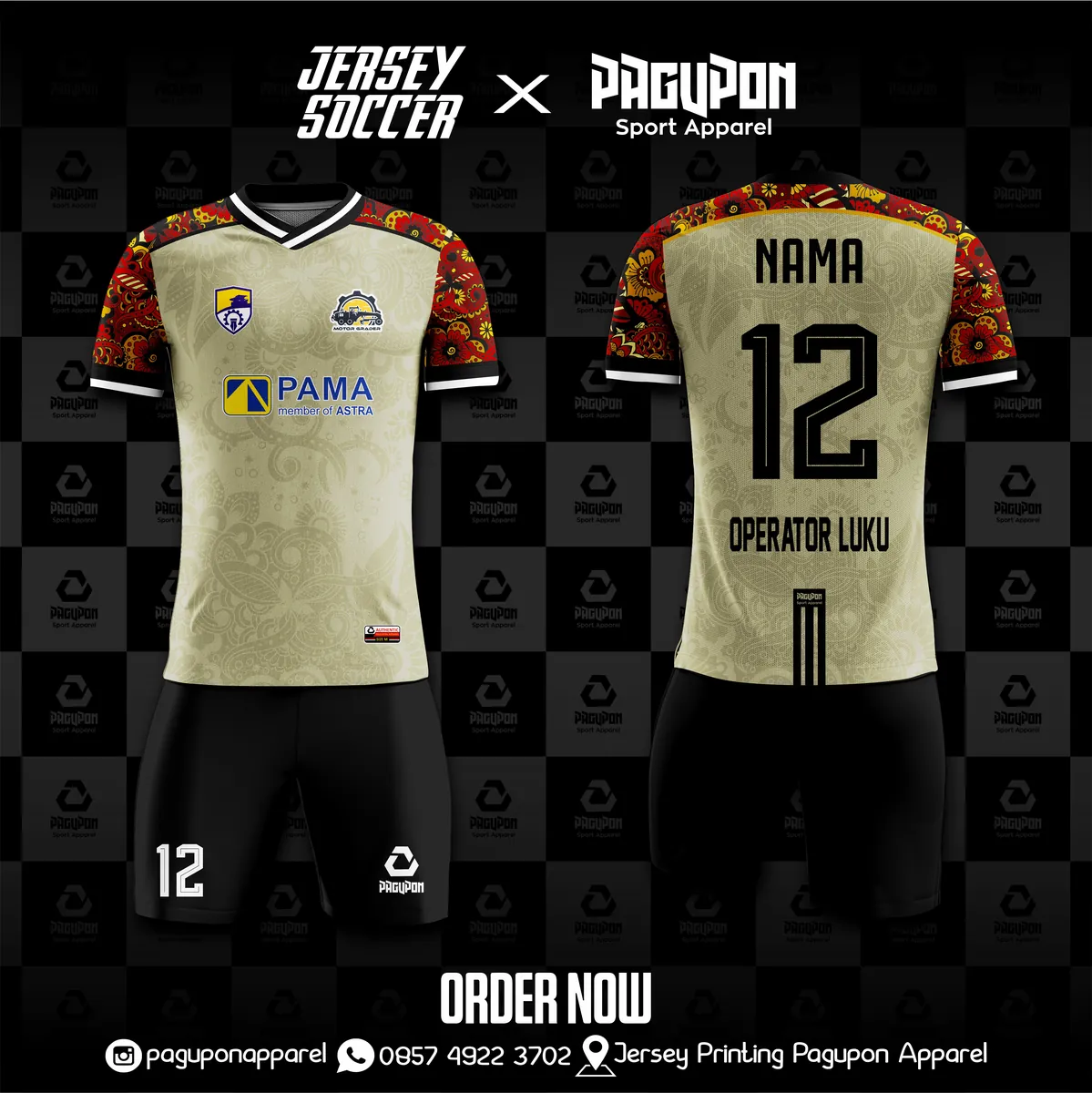 Jersey komunitas dan kantor custom Operator Luku Krem, warna krem merah, kerah V-Neck, tampak depan dan belakang