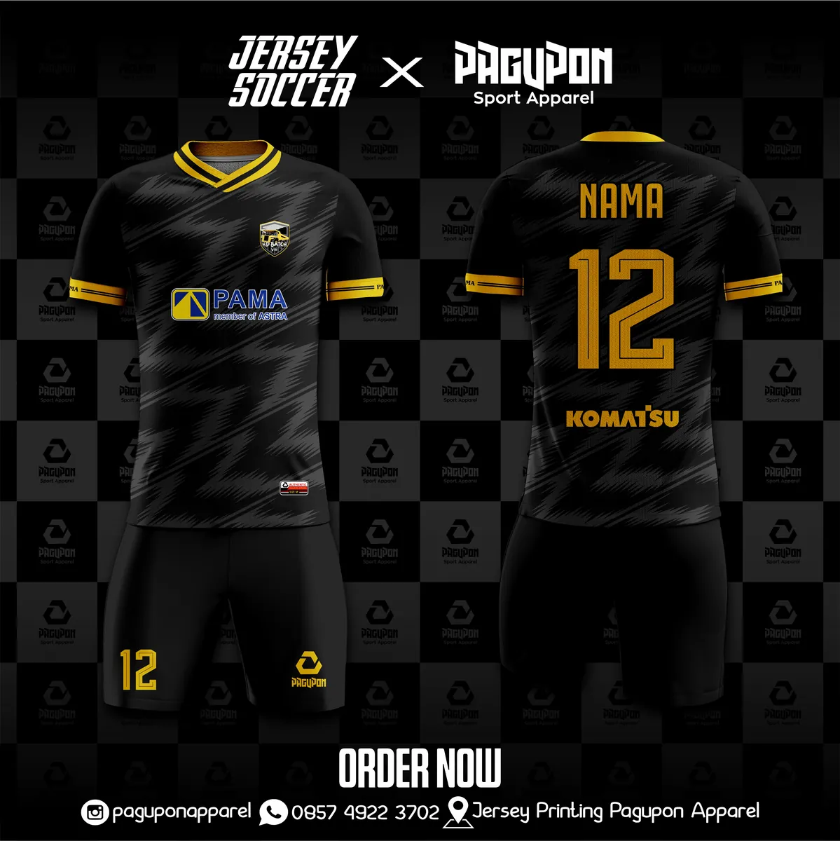 Jersey komunitas dan kantor custom HD Batch VII Hitam, warna hitam emas, kerah V-Neck, tampak depan dan belakang