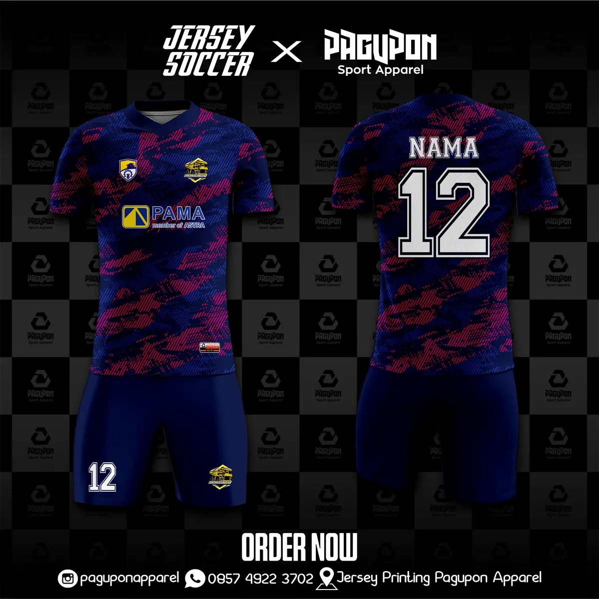 Jersey komunitas dan kantor custom HD Dongker Navy, warna navy pink, kerah V-Neck, tampak depan dan belakang