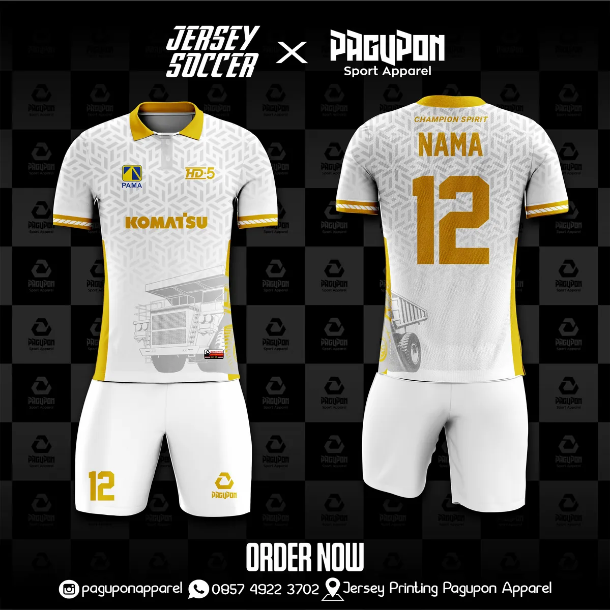 Jersey komunitas dan kantor custom HD5 Putih, warna putih emas, kerah Polo, tampak depan dan belakang
