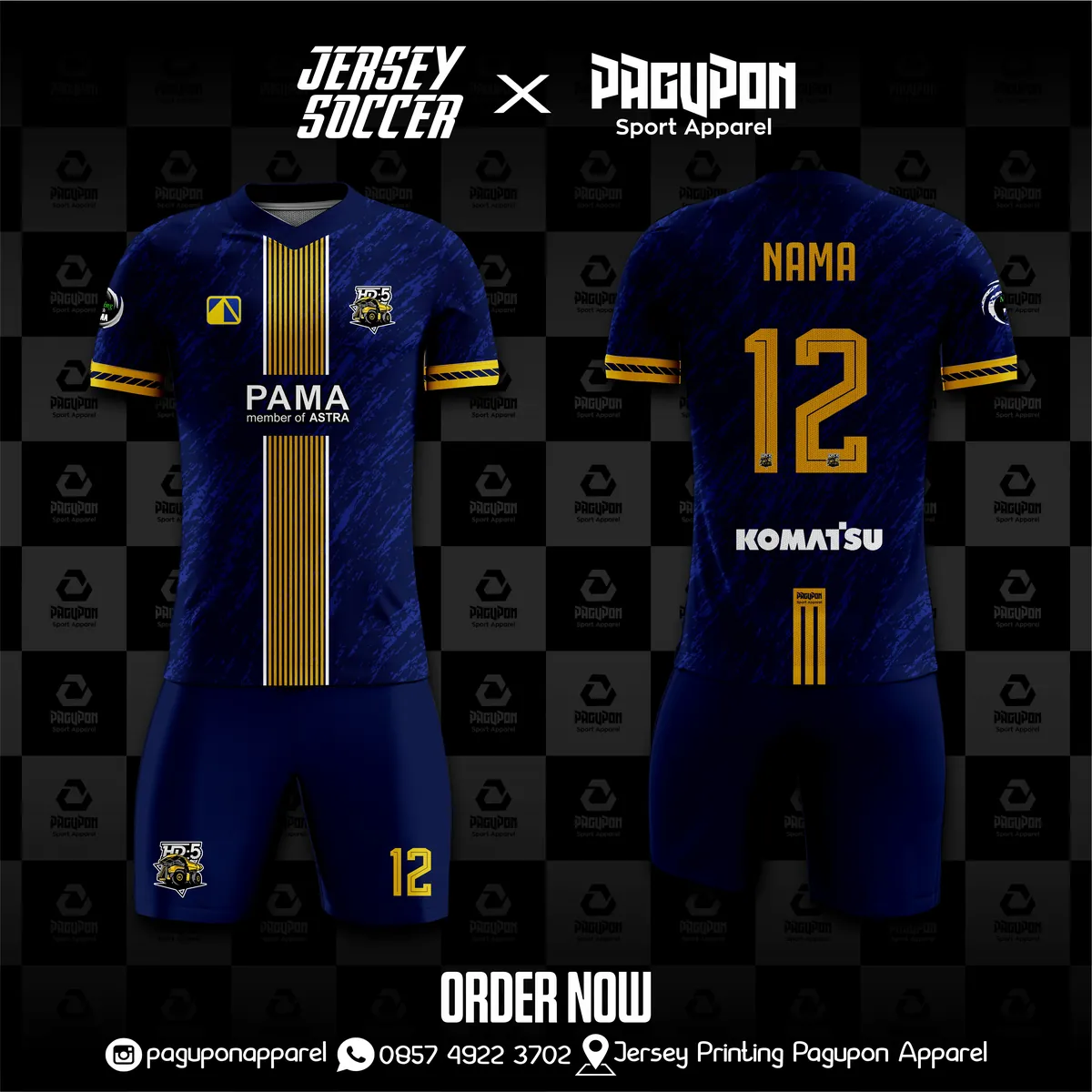 Jersey komunitas dan kantor custom HD5 Navy, warna navy emas, kerah V-Neck, tampak depan dan belakang