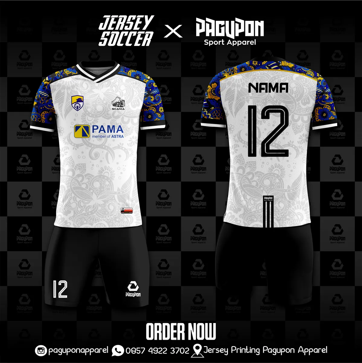 Jersey komunitas dan kantor custom Batik Putih, warna putih biru hitam, kerah V-Neck, tampak depan dan belakang