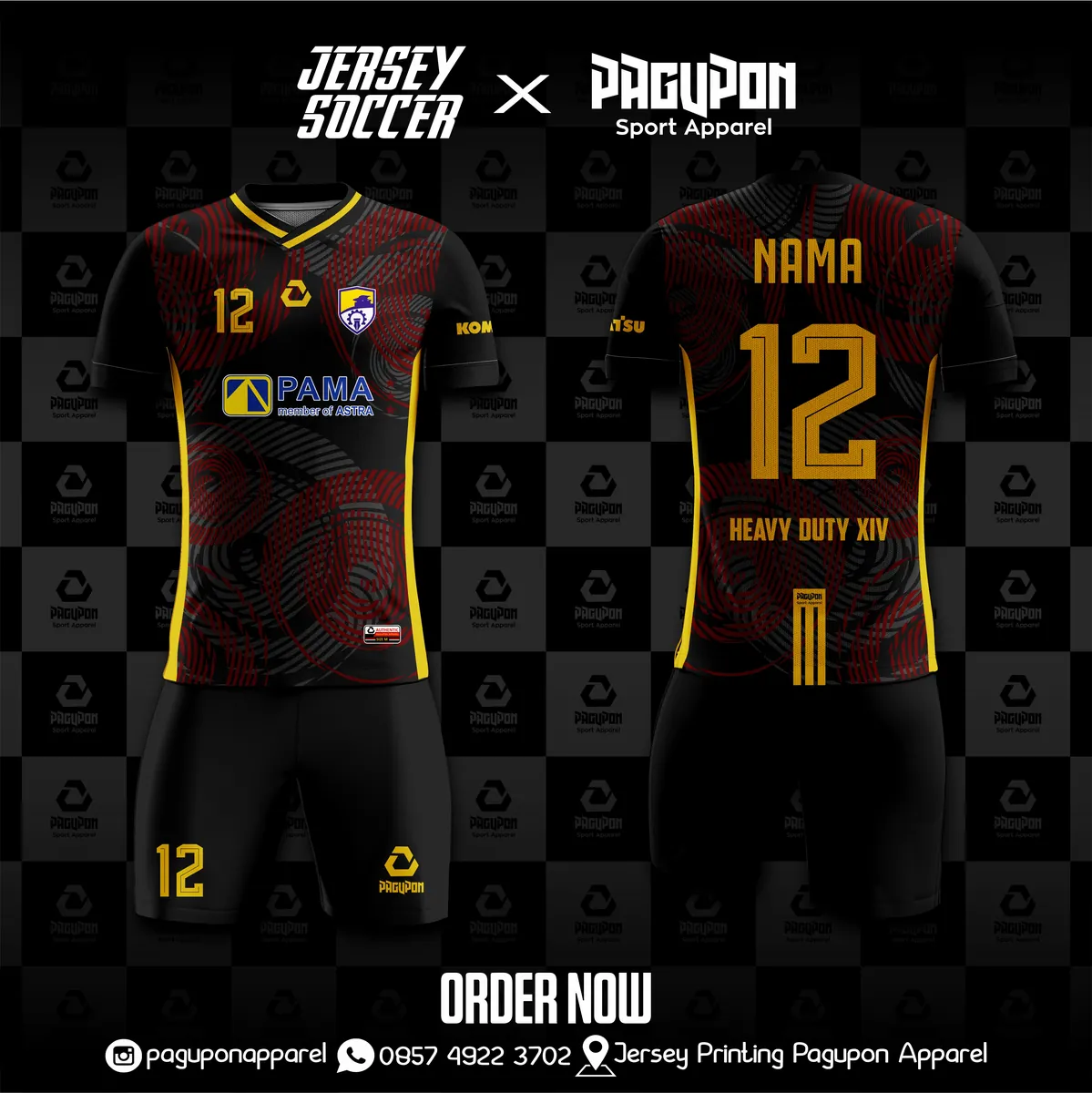 Jersey komunitas dan kantor custom Heavy Duty XIV Kuning, warna kuning abu-abu, kerah V-Neck, tampak depan dan belakang, varian 2