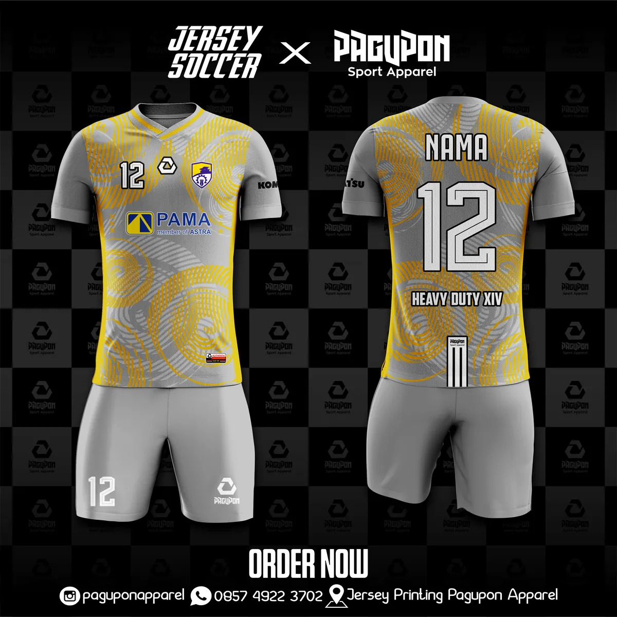 Jersey komunitas dan kantor custom Heavy Duty XIV Kuning, warna kuning abu-abu, kerah V-Neck, tampak depan dan belakang