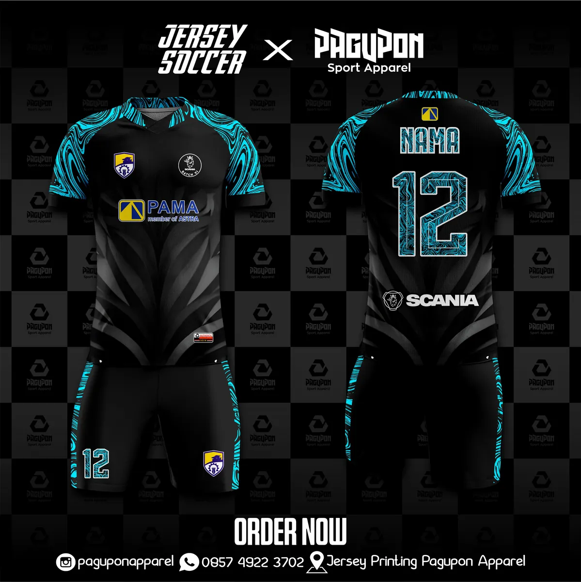 Jersey komunitas dan kantor custom Scania Hitam, warna hitam tosca, kerah V-Neck, tampak depan dan belakang