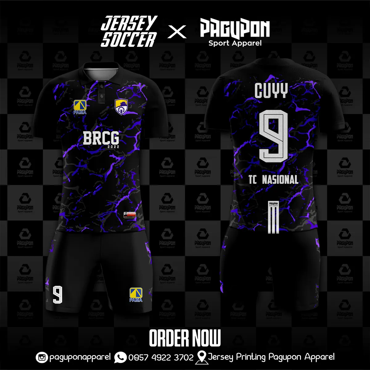 Jersey komunitas dan kantor custom BRCG Hitam, warna hitam ungu, kerah Polo, tampak depan dan belakang