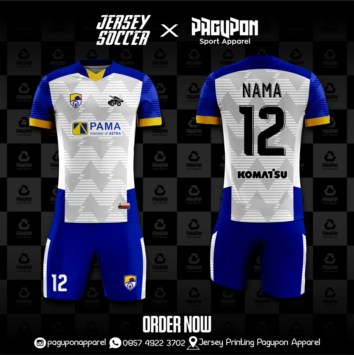Jersey komunitas dan kantor custom Benhur Putih, warna putih biru kuning, kerah V-Neck, tampak depan dan belakang