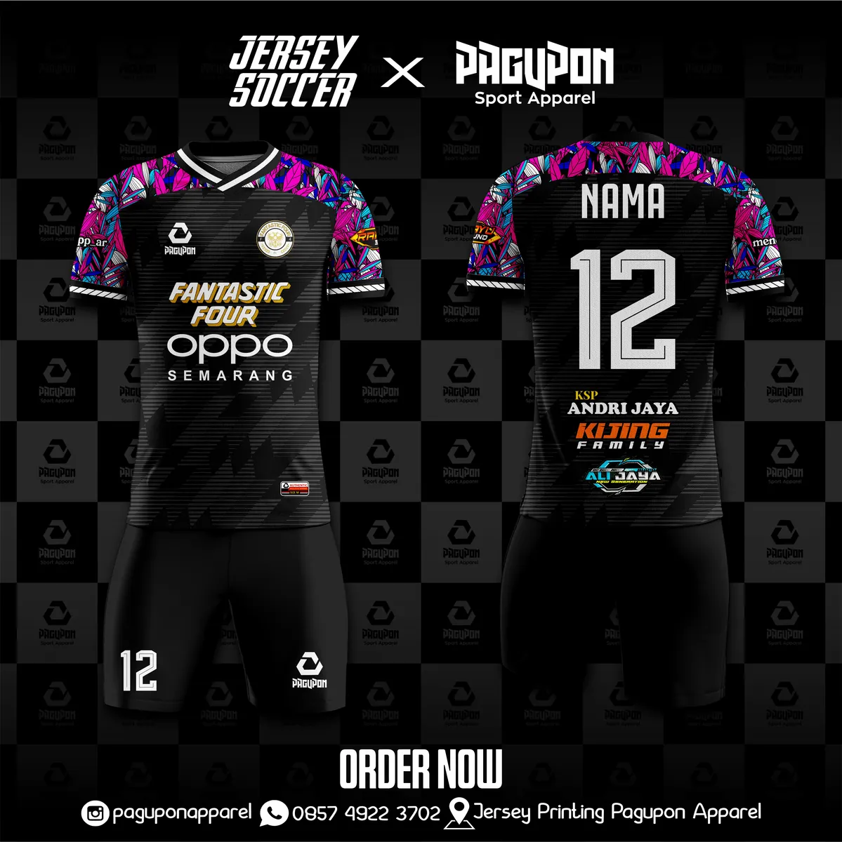 Jersey komunitas dan kantor custom Fantastic Four Kuning, warna kuning oranye hitam, kerah V-Neck, tampak depan dan belakang, varian 2