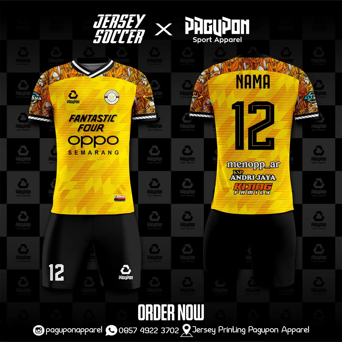 Jersey komunitas dan kantor custom Fantastic Four Kuning, warna kuning oranye hitam, kerah V-Neck, tampak depan dan belakang