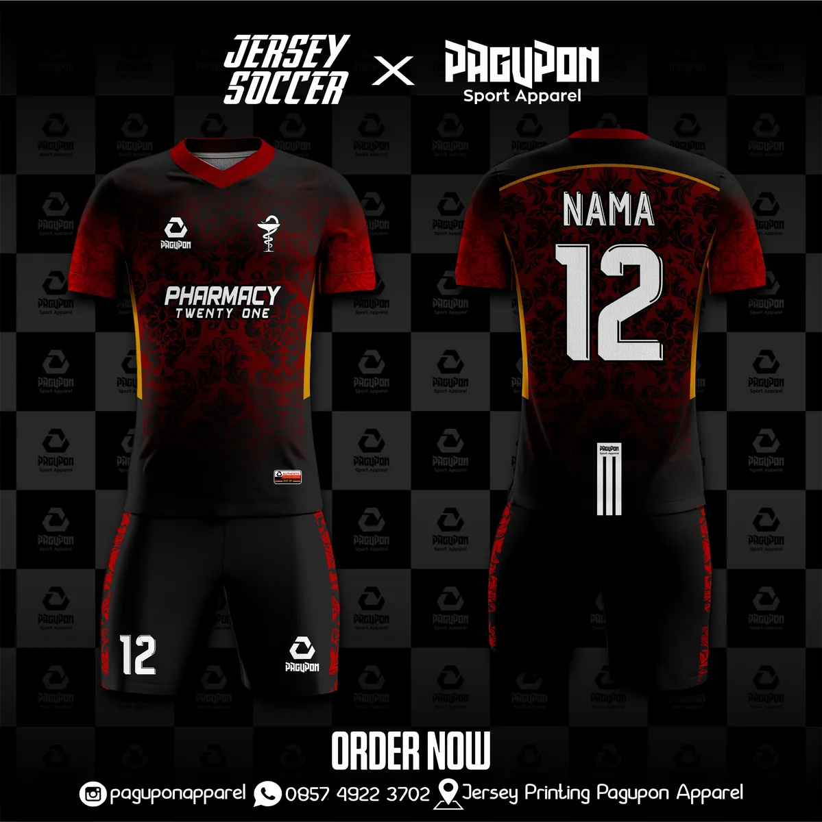Jersey komunitas dan kantor custom Pharmacy Twenty One Hitam, warna hitam merah, kerah V-Neck, tampak depan dan belakang